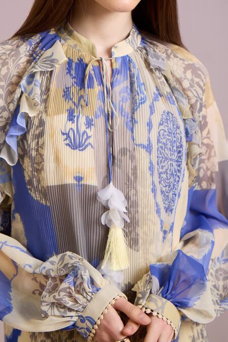 Buy Pankaj & Nidhi Yellow Chiffon Tassels Keyhole Neck Mughal Floral Print Dress Online at Aza Fashions Buy_Pankaj & Nidhi_Yellow Chiffon Tassels Keyhole Neck Mughal Floral Print Dress _Online_at_Aza_Fashions