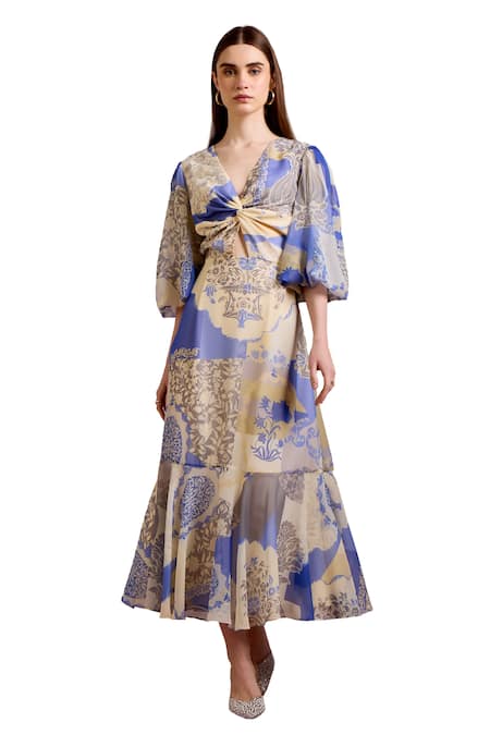 Pankaj & Nidhi_Yellow Chiffon Sequins, Cut Work Plunge Neck Dome Flower Print Dress _Online_at_Aza_Fashions