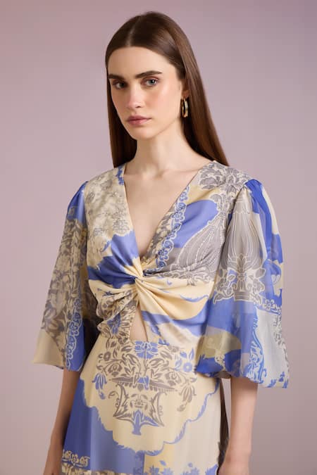 Pankaj & Nidhi_Yellow Chiffon Sequins, Cut Work Plunge Neck Dome Flower Print Dress _at_Aza_Fashions