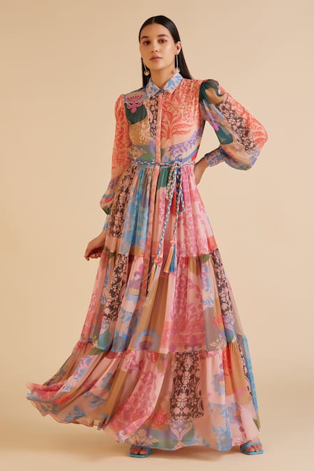 Pankaj & Nidhi Multi Color Chiffon Printed Floral Straight Point Ornament Dress  