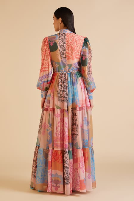 Shop_Pankaj & Nidhi_Multi Color Chiffon Cut Work, Sequins Collared Ornament Floral Print Dress _at_Aza_Fashions