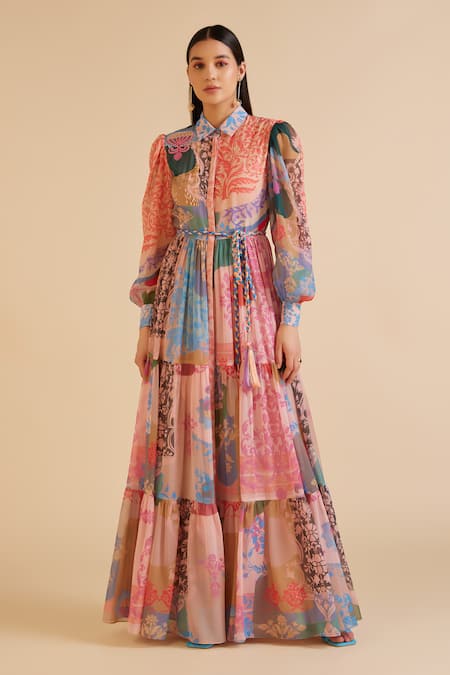 Pankaj & Nidhi_Multi Color Chiffon Cut Work, Sequins Collared Ornament Floral Print Dress _Online_at_Aza_Fashions