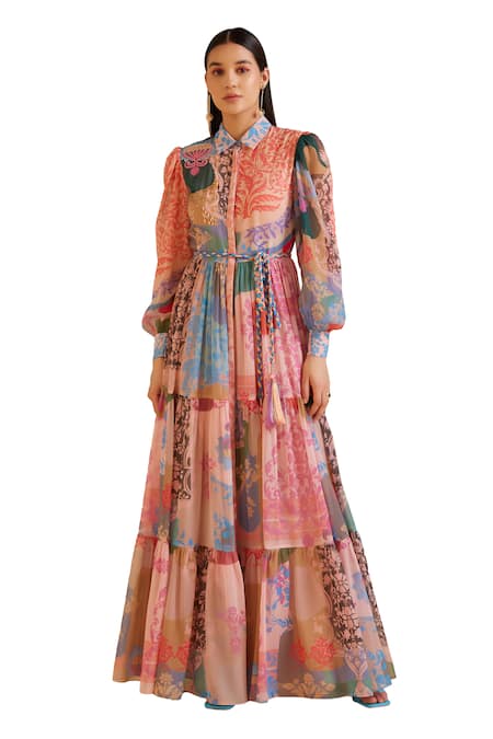 Buy_Pankaj & Nidhi_Multi Color Chiffon Cut Work, Sequins Collared Ornament Floral Print Dress _Online_at_Aza_Fashions
