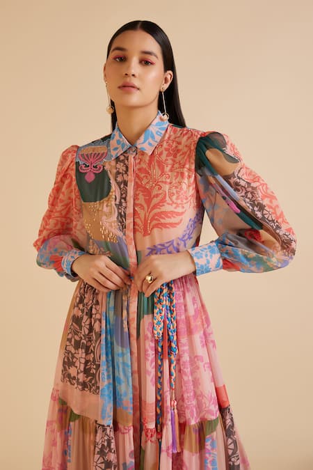 Pankaj & Nidhi_Multi Color Chiffon Cut Work, Sequins Collared Ornament Floral Print Dress _at_Aza_Fashions