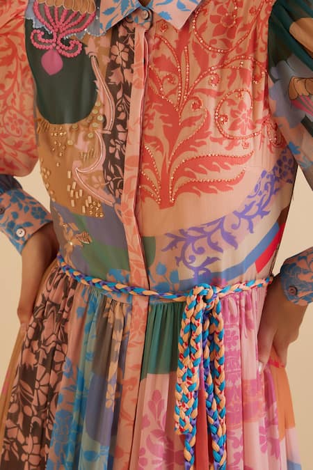 Buy_Pankaj & Nidhi_Multi Color Chiffon Cut Work, Sequins Collared Ornament Floral Print Dress 