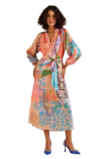 Pankaj & Nidhi_Multi Color Satin Collared Ornament Botanical Print Dress _Online_at_Aza_Fashions