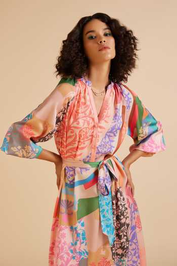 Shop_Pankaj & Nidhi_Multi Color Satin Collared Ornament Botanical Print Dress _Online_at_Aza_Fashions
