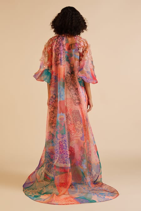 Shop Pankaj & Nidhi Multi Color Ornament Floral Print Cape With Inner at Aza Fashions Shop_Pankaj & Nidhi_Multi Color Ornament Floral Print Cape With Inner _at_Aza_Fashions