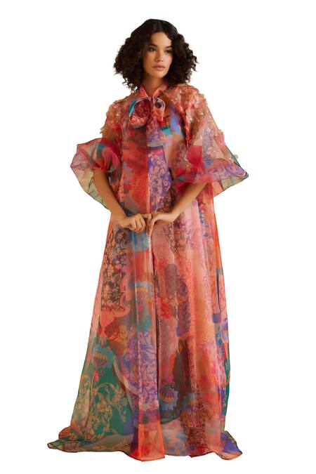 Pankaj & Nidhi Multi Color Ornament Floral Print Cape With Inner Online at Aza Fashions Pankaj & Nidhi_Multi Color Ornament Floral Print Cape With Inner _Online_at_Aza_Fashions