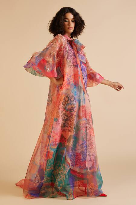 Buy Pankaj & Nidhi Multi Color Ornament Floral Print Cape With Inner Online at Aza Fashions Buy_Pankaj & Nidhi_Multi Color Ornament Floral Print Cape With Inner _Online_at_Aza_Fashions