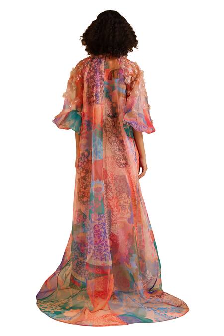 Shop Pankaj & Nidhi Multi Color Ornament Floral Print Cape With Inner Online at Aza Fashions Shop_Pankaj & Nidhi_Multi Color Ornament Floral Print Cape With Inner _Online_at_Aza_Fashions