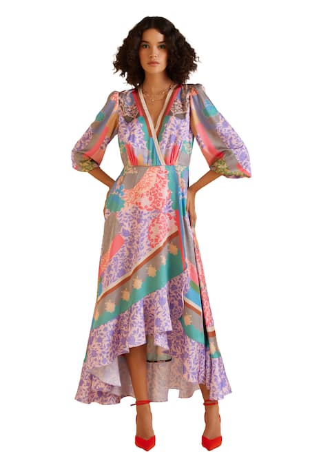 Pankaj & Nidhi_Multi Color Satin V-neck Ornament Floral Print Frill Dress _Online_at_Aza_Fashions