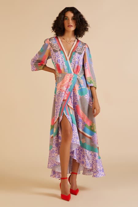 Buy_Pankaj & Nidhi_Multi Color Satin V-neck Ornament Floral Print Frill Dress _Online_at_Aza_Fashions