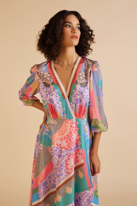 Shop_Pankaj & Nidhi_Multi Color Satin V-neck Ornament Floral Print Frill Dress _Online_at_Aza_Fashions