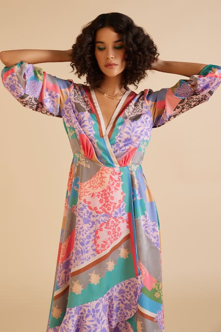 Pankaj & Nidhi_Multi Color Satin V-neck Ornament Floral Print Frill Dress _at_Aza_Fashions