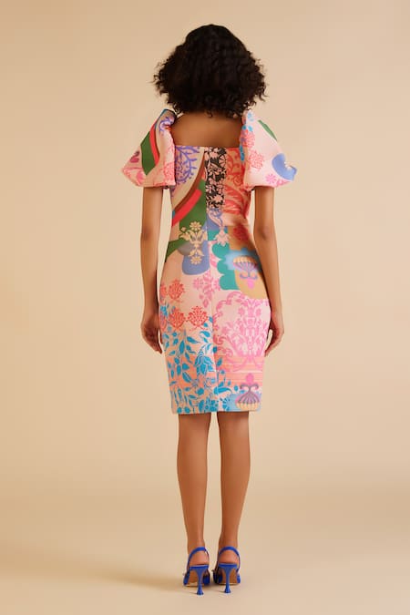 Shop_Pankaj & Nidhi_Multi Color Neoprene Embroidery Square Neck Ornament Floral Print Sheath Dress _at_Aza_Fashions