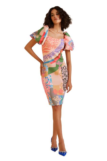Pankaj & Nidhi_Multi Color Neoprene Embroidery Square Neck Ornament Floral Print Sheath Dress _Online_at_Aza_Fashions