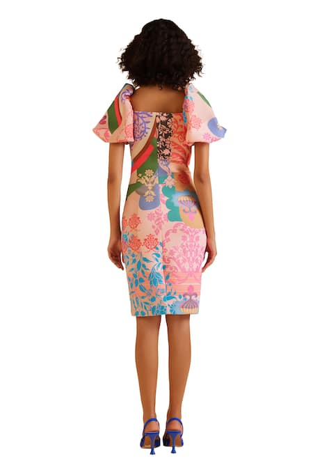 Shop_Pankaj & Nidhi_Multi Color Neoprene Embroidery Square Neck Ornament Floral Print Sheath Dress _Online_at_Aza_Fashions
