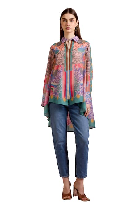 Pankaj & Nidhi Multi Color Cotton, Silk Sequins Collared Ornament Floral Print High Low Shirt Online at Aza Fashions Pankaj & Nidhi_Multi Color Cotton, Silk Sequins Collared Ornament Floral Print High Low Shirt _Online_at_Aza_Fashions