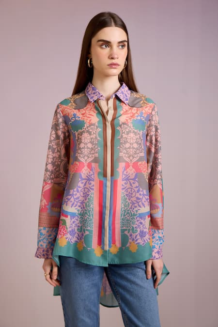 Buy Pankaj & Nidhi Multi Color Cotton, Silk Sequins Collared Ornament Floral Print High Low Shirt Online at Aza Fashions Buy_Pankaj & Nidhi_Multi Color Cotton, Silk Sequins Collared Ornament Floral Print High Low Shirt _Online_at_Aza_Fashions