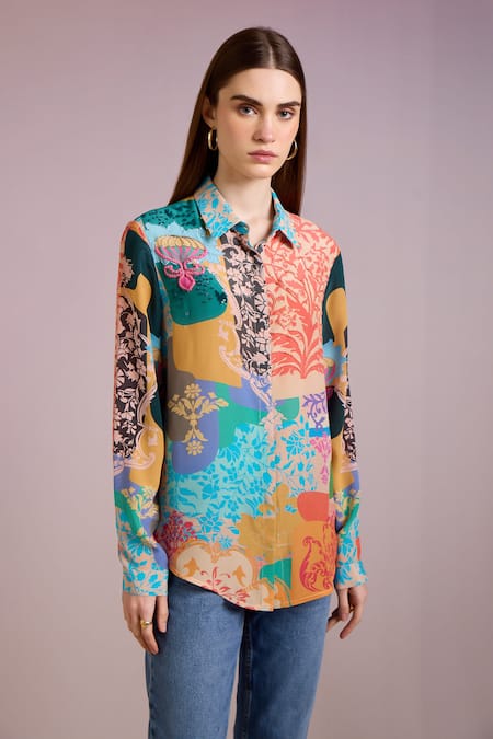 Pankaj & Nidhi Multi Color Silk, Crepe Cut Work, Sequins Collared Ornament Garden Print Shirt Online at Aza Fashions Pankaj & Nidhi_Multi Color Silk, Crepe Cut Work, Sequins Collared Ornament Garden Print Shirt _Online_at_Aza_Fashions