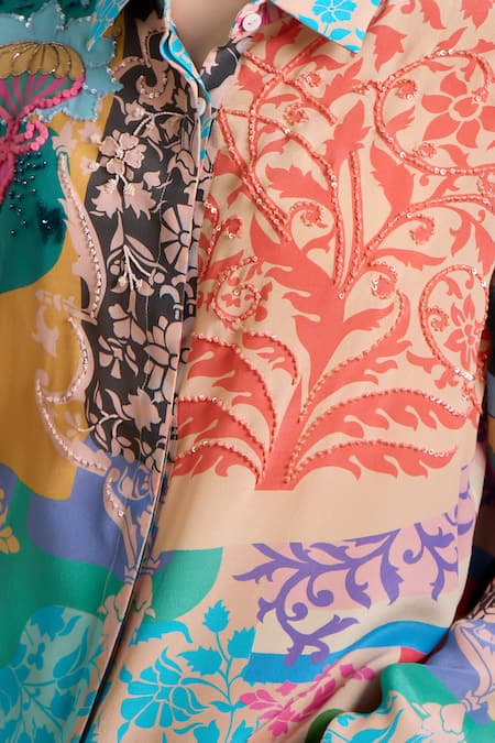 Buy Pankaj & Nidhi Multi Color Silk, Crepe Cut Work, Sequins Collared Ornament Garden Print Shirt Online at Aza Fashions Buy_Pankaj & Nidhi_Multi Color Silk, Crepe Cut Work, Sequins Collared Ornament Garden Print Shirt _Online_at_Aza_Fashions