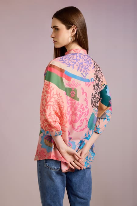 Shop Pankaj & Nidhi Multi Color Cotton, Silk Embroidery Bandeau Neck Ornament Flower Print Shirt at Aza Fashions Shop_Pankaj & Nidhi_Multi Color Cotton, Silk Embroidery Bandeau Neck Ornament Flower Print Shirt _at_Aza_Fashions