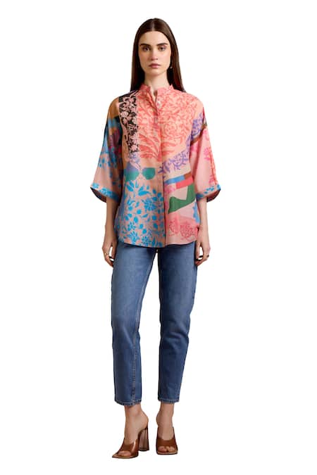 Pankaj & Nidhi Multi Color Cotton, Silk Embroidery Bandeau Neck Ornament Flower Print Shirt Online at Aza Fashions Pankaj & Nidhi_Multi Color Cotton, Silk Embroidery Bandeau Neck Ornament Flower Print Shirt _Online_at_Aza_Fashions