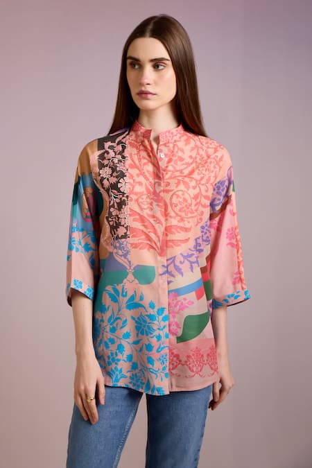 Buy Pankaj & Nidhi Multi Color Cotton, Silk Embroidery Bandeau Neck Ornament Flower Print Shirt Online at Aza Fashions Buy_Pankaj & Nidhi_Multi Color Cotton, Silk Embroidery Bandeau Neck Ornament Flower Print Shirt _Online_at_Aza_Fashions