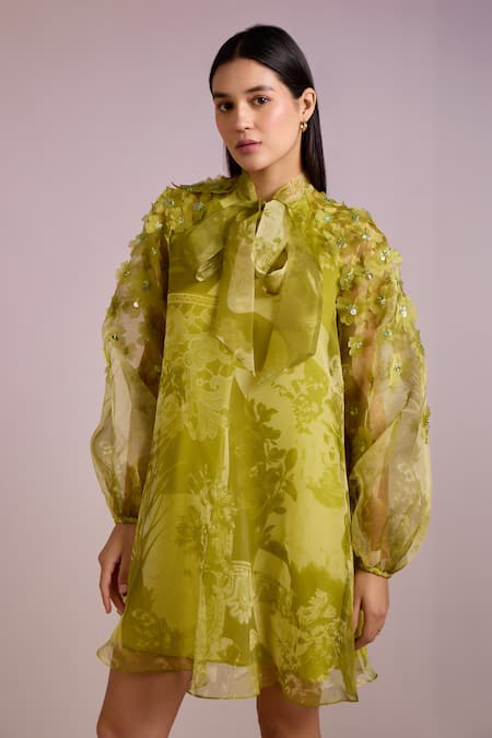 Pankaj & Nidhi_Green Chiffon Sequins, Alba Florence Print Semi Sheer Mini Dress With Inner _Online_at_Aza_Fashions