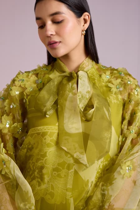 Buy_Pankaj & Nidhi_Green Chiffon Sequins, Alba Florence Print Semi Sheer Mini Dress With Inner _Online_at_Aza_Fashions
