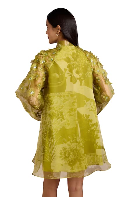 Shop_Pankaj & Nidhi_Green Chiffon Sequins, Alba Florence Print Semi Sheer Mini Dress With Inner _Online_at_Aza_Fashions