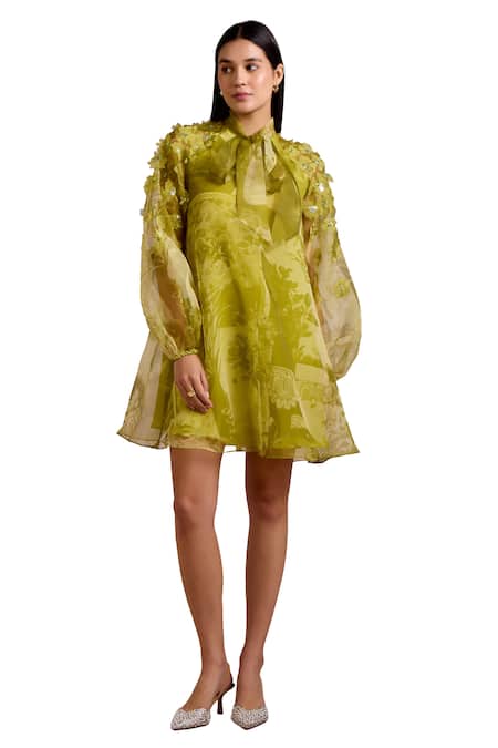 Pankaj & Nidhi_Green Chiffon Sequins, Alba Florence Print Semi Sheer Mini Dress With Inner _at_Aza_Fashions