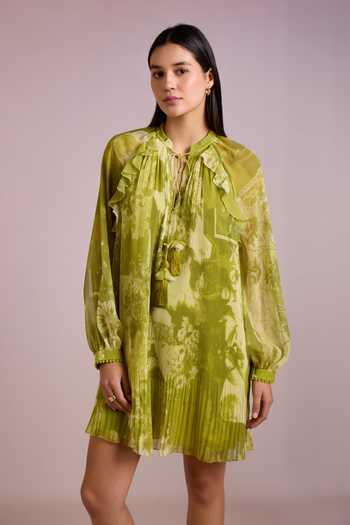 Pankaj & Nidhi_Green Chiffon, Silk Organza Mandarin Alba Tropical Print Accordion Pleated Dress _Online_at_Aza_Fashions