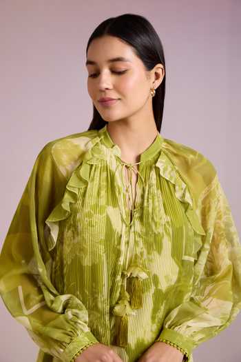 Buy_Pankaj & Nidhi_Green Chiffon, Silk Organza Mandarin Alba Tropical Print Accordion Pleated Dress _Online_at_Aza_Fashions
