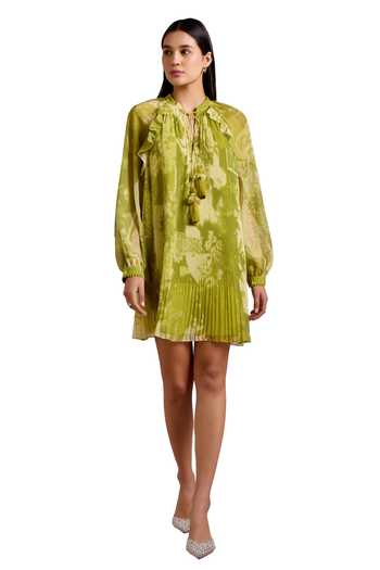 Shop_Pankaj & Nidhi_Green Chiffon, Silk Organza Mandarin Alba Tropical Print Accordion Pleated Dress _Online_at_Aza_Fashions