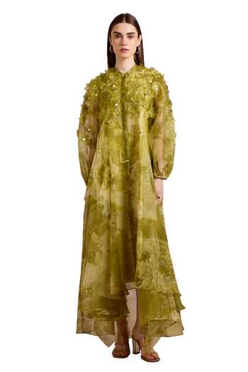 Pankaj & Nidhi_Green Silk Organza Alba Tropical Print And Embellished High Low Dress With Inner _Online_at_Aza_Fashions