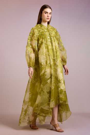 Buy_Pankaj & Nidhi_Green Silk Organza Alba Tropical Print And Embellished High Low Dress With Inner _Online_at_Aza_Fashions