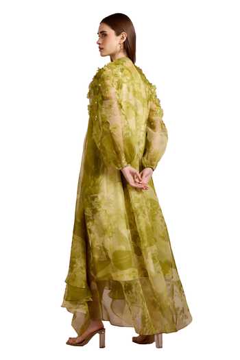 Shop_Pankaj & Nidhi_Green Silk Organza Alba Tropical Print And Embellished High Low Dress With Inner _Online_at_Aza_Fashions