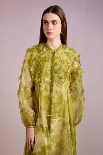 Pankaj & Nidhi_Green Silk Organza Alba Tropical Print And Embellished High Low Dress With Inner _at_Aza_Fashions