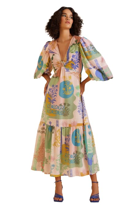 Pankaj & Nidhi_Multi Color Linen Sequins V-neck Arch Bloom Art Print Tiered Knotted Dress _Online_at_Aza_Fashions