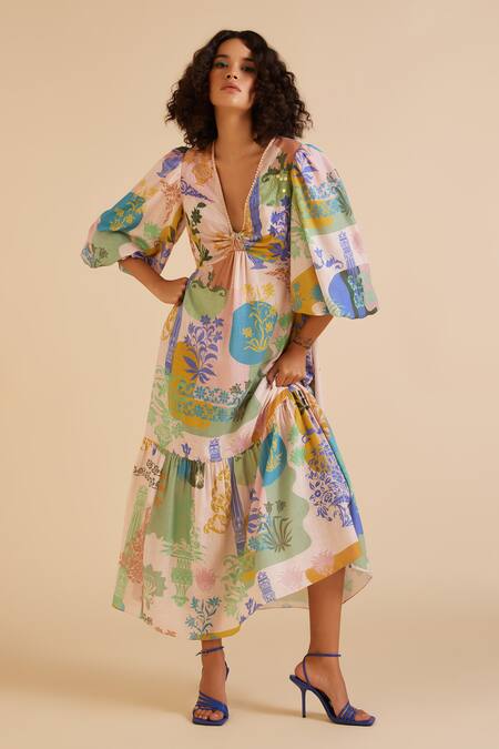 Buy_Pankaj & Nidhi_Multi Color Linen Sequins V-neck Arch Bloom Art Print Tiered Knotted Dress _Online_at_Aza_Fashions