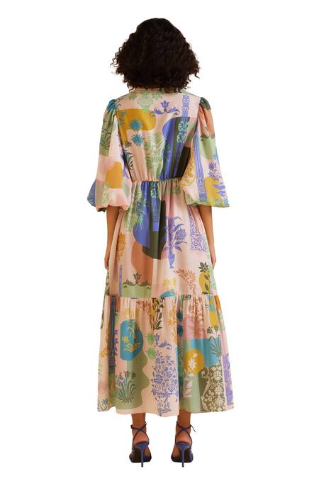 Shop_Pankaj & Nidhi_Multi Color Linen Sequins V-neck Arch Bloom Art Print Tiered Knotted Dress _Online_at_Aza_Fashions