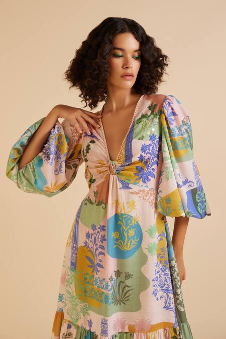 Pankaj & Nidhi_Multi Color Linen Sequins V-neck Arch Bloom Art Print Tiered Knotted Dress _at_Aza_Fashions