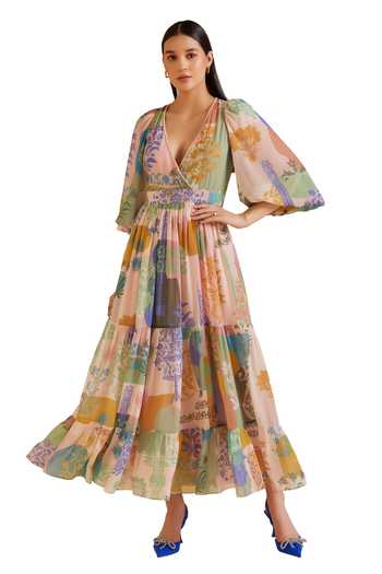 Pankaj & Nidhi_Multi Color Chiffon Sequins V-neck Arch Fleur Art Print Tiered Midi Dress _Online_at_Aza_Fashions
