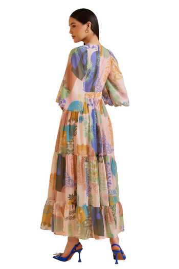 Buy_Pankaj & Nidhi_Multi Color Chiffon Sequins V-neck Arch Fleur Art Print Tiered Midi Dress _Online_at_Aza_Fashions