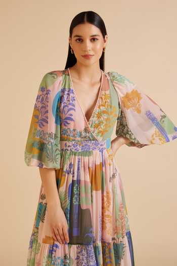 Shop_Pankaj & Nidhi_Multi Color Chiffon Sequins V-neck Arch Fleur Art Print Tiered Midi Dress _Online_at_Aza_Fashions
