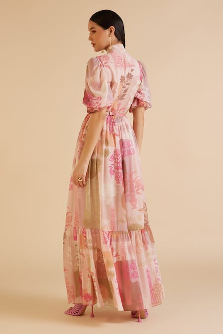 Shop Pankaj & Nidhi Multi Color Chiffon Collared Arch Art Nouveau Print Maxi Dress With Belt at Aza Fashions Shop_Pankaj & Nidhi_Multi Color Chiffon Collared Arch Art Nouveau Print Maxi Dress With Belt _at_Aza_Fashions