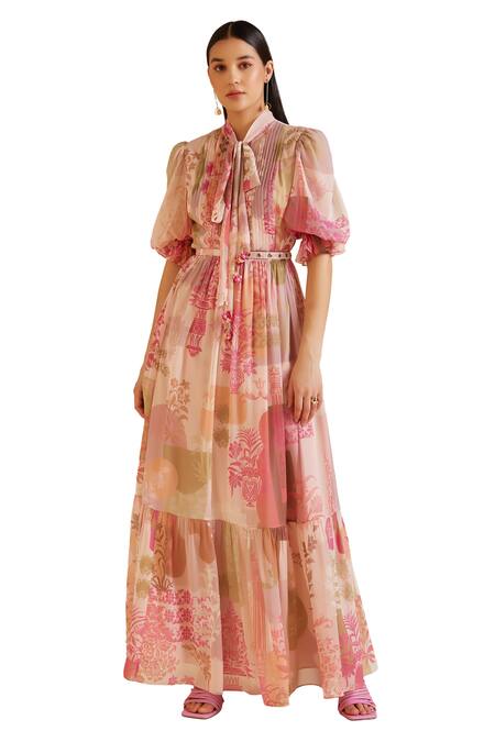 Pankaj & Nidhi Multi Color Chiffon Collared Arch Art Nouveau Print Maxi Dress With Belt Online at Aza Fashions Pankaj & Nidhi_Multi Color Chiffon Collared Arch Art Nouveau Print Maxi Dress With Belt _Online_at_Aza_Fashions