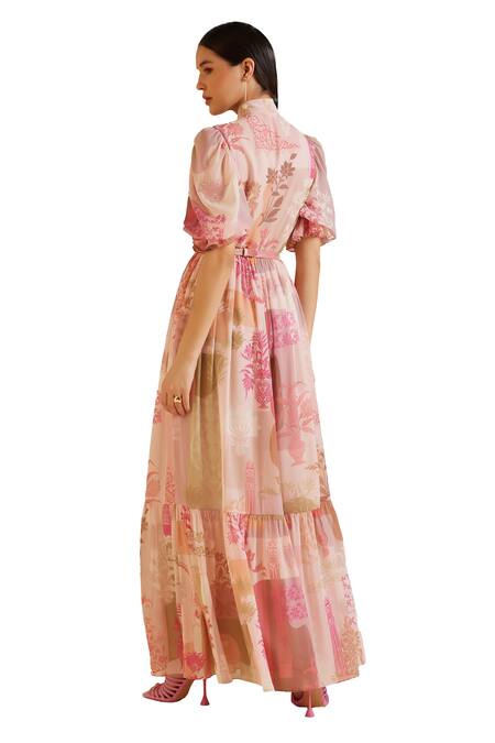 Buy Pankaj & Nidhi Multi Color Chiffon Collared Arch Art Nouveau Print Maxi Dress With Belt Online at Aza Fashions Buy_Pankaj & Nidhi_Multi Color Chiffon Collared Arch Art Nouveau Print Maxi Dress With Belt _Online_at_Aza_Fashions